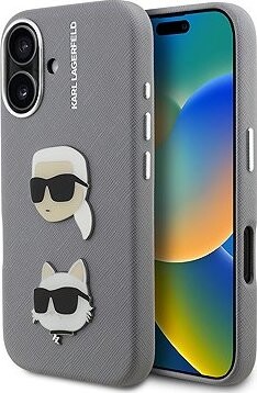 Karl Lagerfeld Grained PU K&CH Heads Zadný Kryt pre iPhone 16 Grey