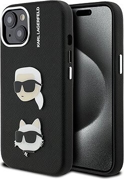 Karl Lagerfeld Grained PU K&CH Heads Zadný Kryt pre iPhone 15 Black