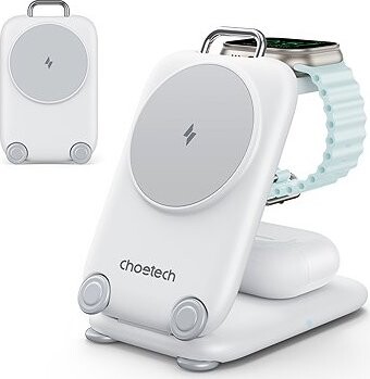 Choetech 3 in 1 Magnetic Unique Travel Wireless Charger Stand for iphone/airpods/Apple watch white