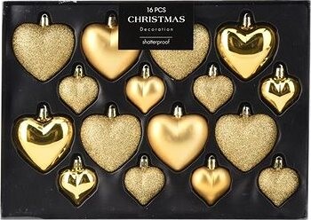HIGHLIFE Zlaté vianočné ozdoby Fitun v tvare srdca 16 ks, 6 × 6 × 2 cm