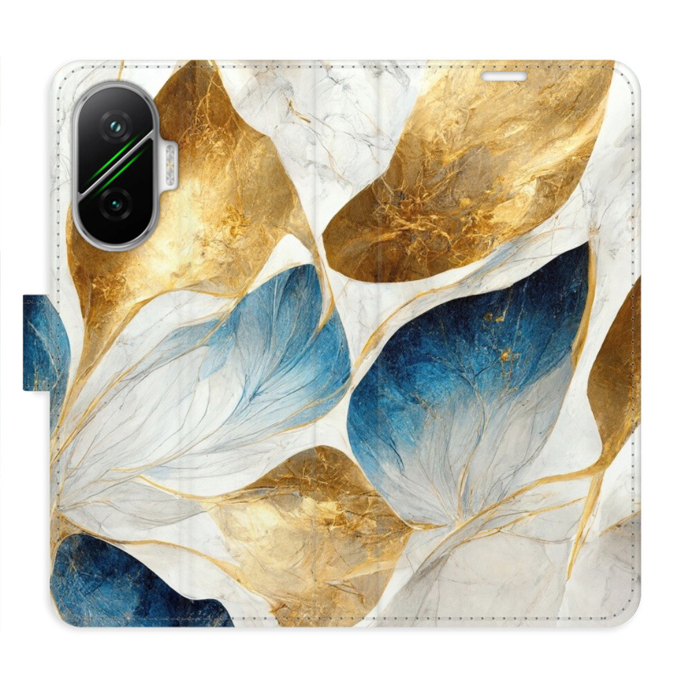 Flipové puzdro iSaprio - GoldBlue Leaves - Poco F7