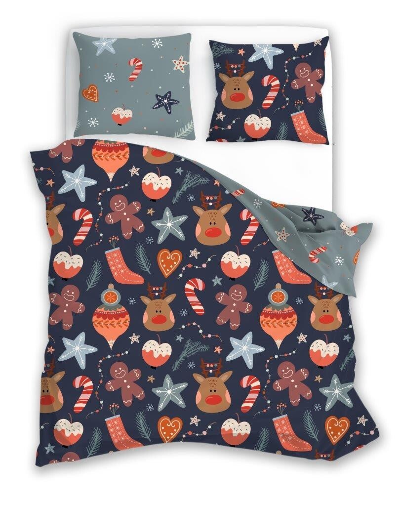 Vánoční povlečení ze saténového mikrovlákna Holly Jolly 007 220x200 cm +2x 70x80 cm modré/šedé