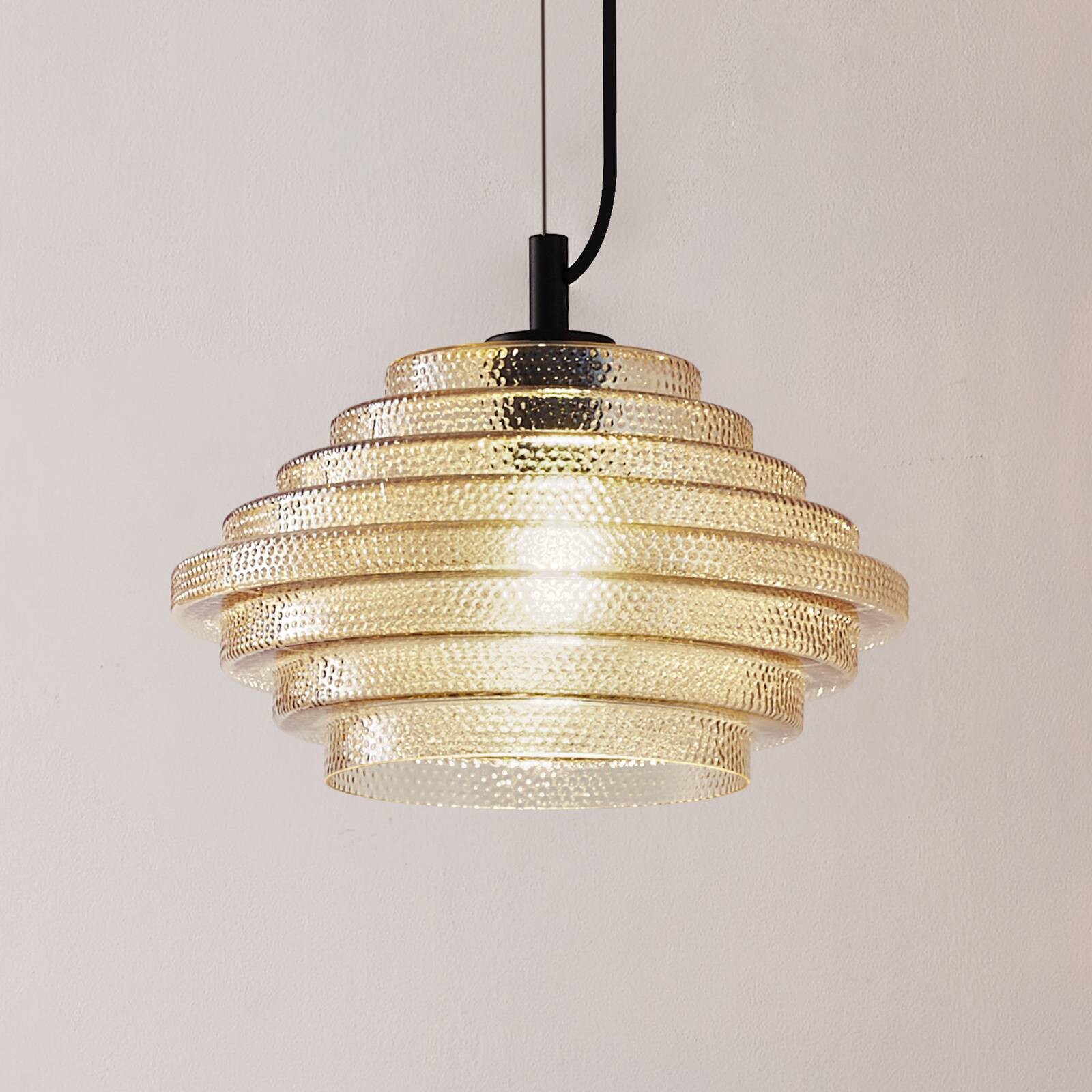 Lindby závesné svietidlo Orliana, Ø 35 cm, jantárová, sklo