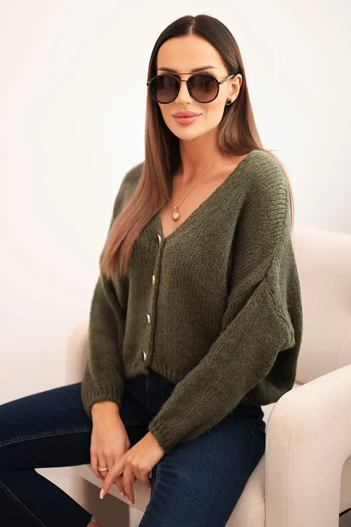Kesi Włoski Dámsky sveter s V výstrihom a gombíkmi khaki