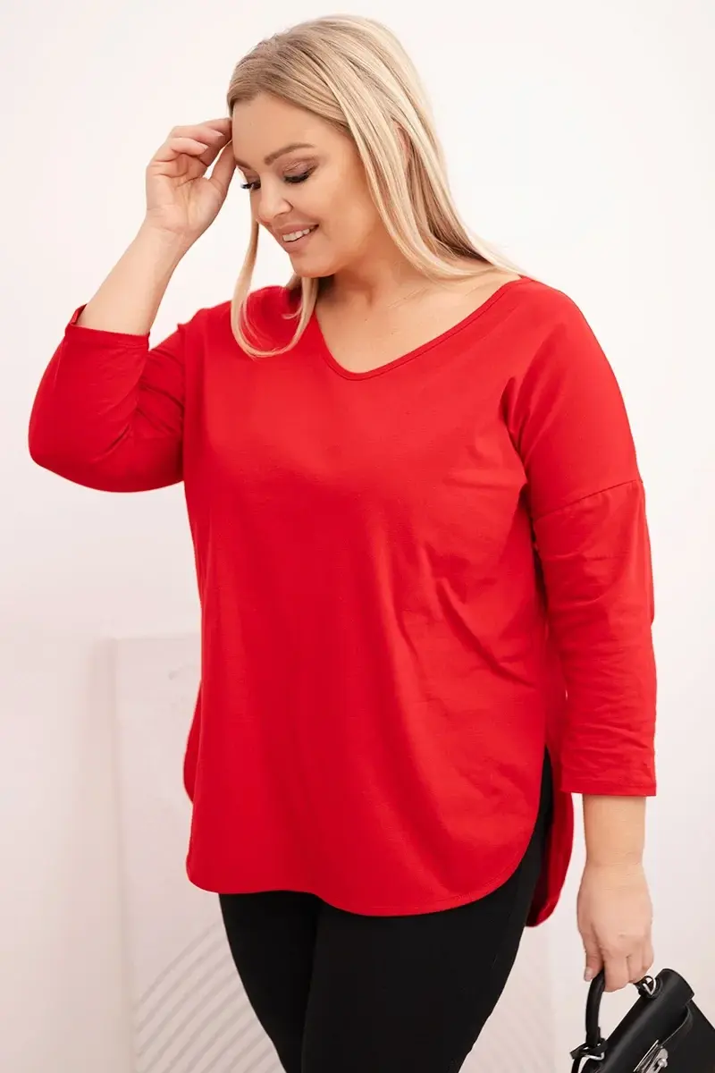 Kesi Dámska bavlnená blúzka Plus Size s V výstrihom a srolovanými rukávmi červená