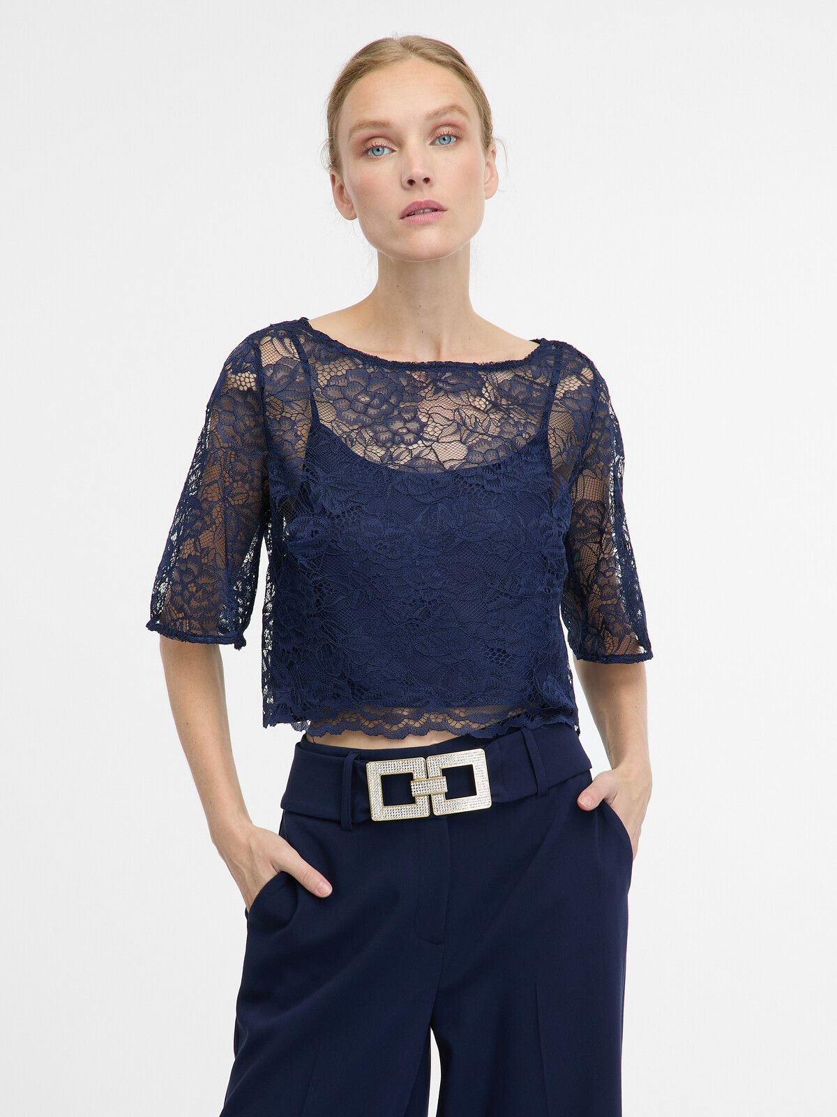 Tmavomodrá čipkovaná blúzka ORSAY