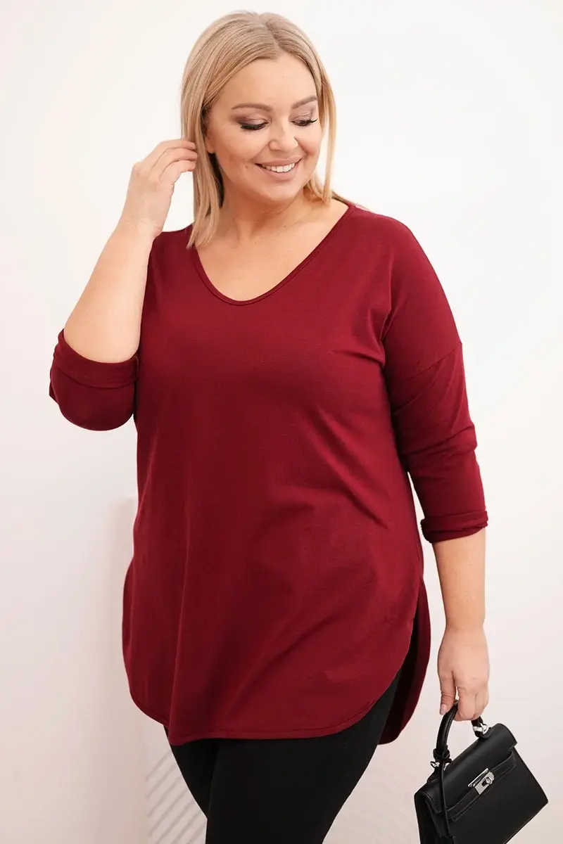 Kesi Dámska bavlnená blúzka Plus Size s V výstrihom a zrolovaným rukávom bordová
