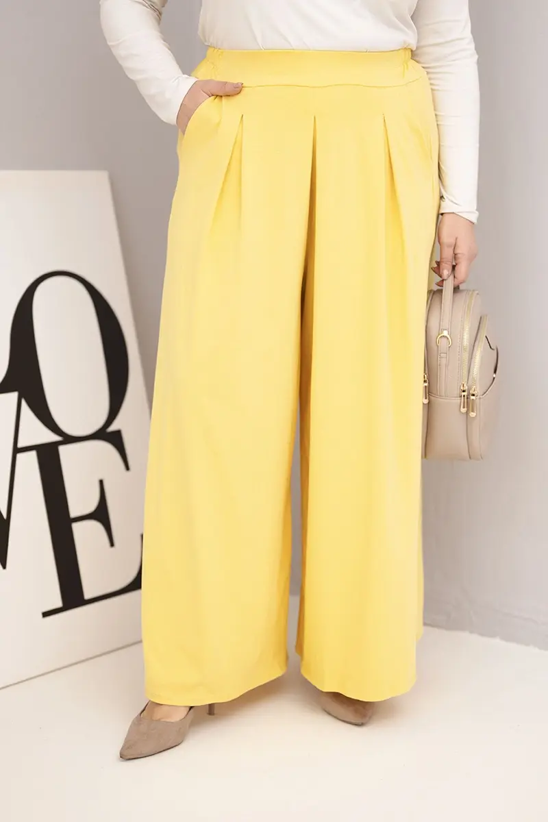 Kesi Włoski Dámske bavlnené nohavice Plus Size so širokými nohavicami a voľným strihom žlté