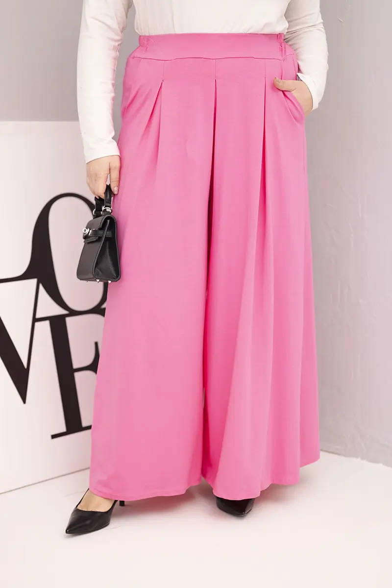 Kesi Włoski Dámske bavlnené nohavice Plus Size so širokými nohavicami a voľným strihom svetloružové