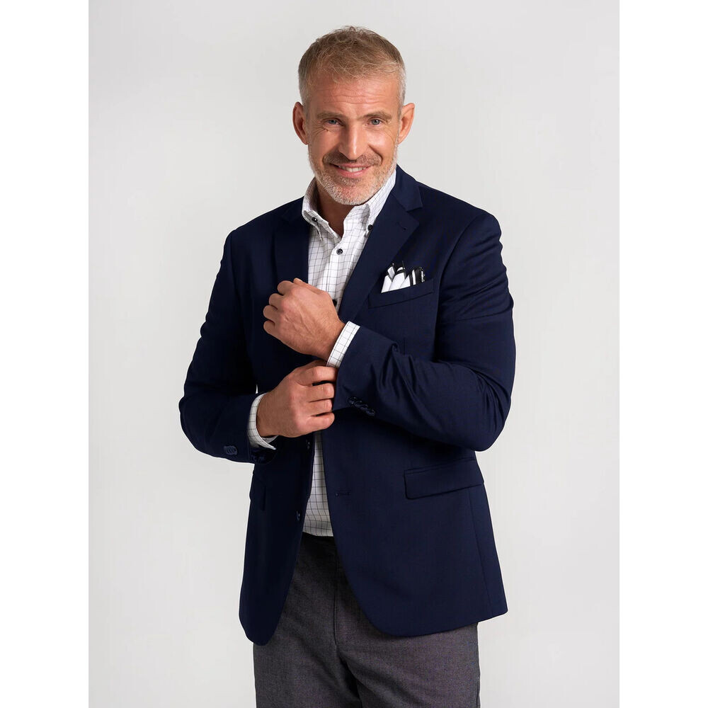 Klasické pánske sako v tmavomodrej farbe s hladkým vzorom 19557