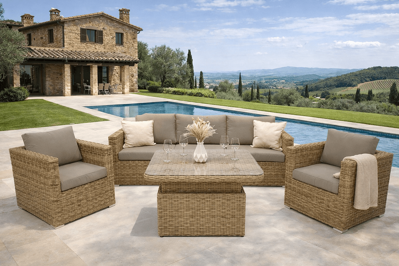 DEOKORK Ratanová variabilná zostava MALIBU pre 5 osôb (béžovo-hnedá)