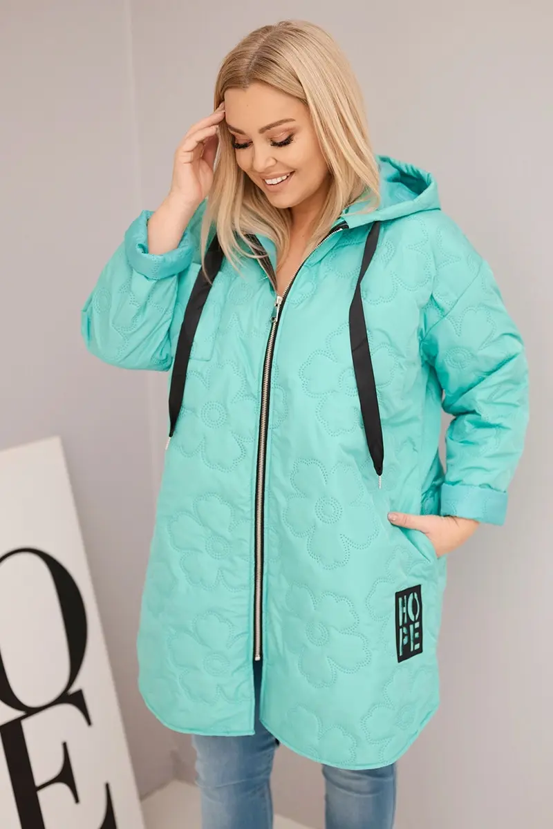 Kesi Włoski Dámska bunda Plus Size prešívaná s kapucňou a nápisom HOPE mätová