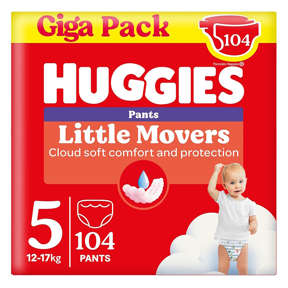 HUGGIES Little movers 5 plienkové nohavičky box 12-17 kg 104 kusov, poškodený obal