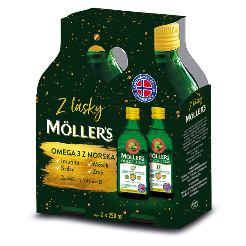 MÖLLER'S Omega 3 D+ s citronovou prichuťou DARČEKOVÉ balenie 2 x 250 ml, poškodený obal