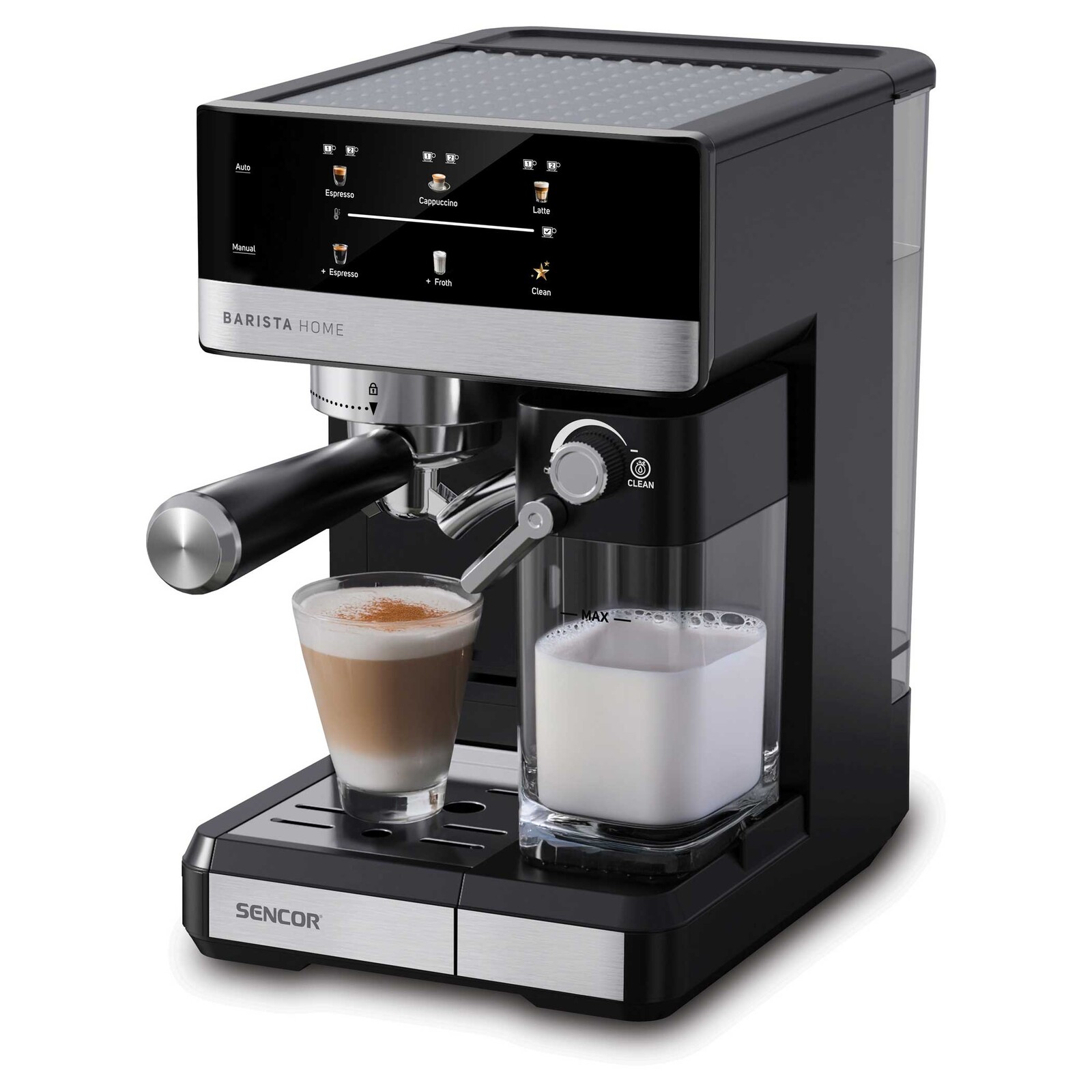 Sencor SES 4060BK Pákový Espresso kávovar s automatickým napeňovaním mlieka Funkcia automatického vypnutia, Nádoba na vodu s objemom 1,8 l Príkon