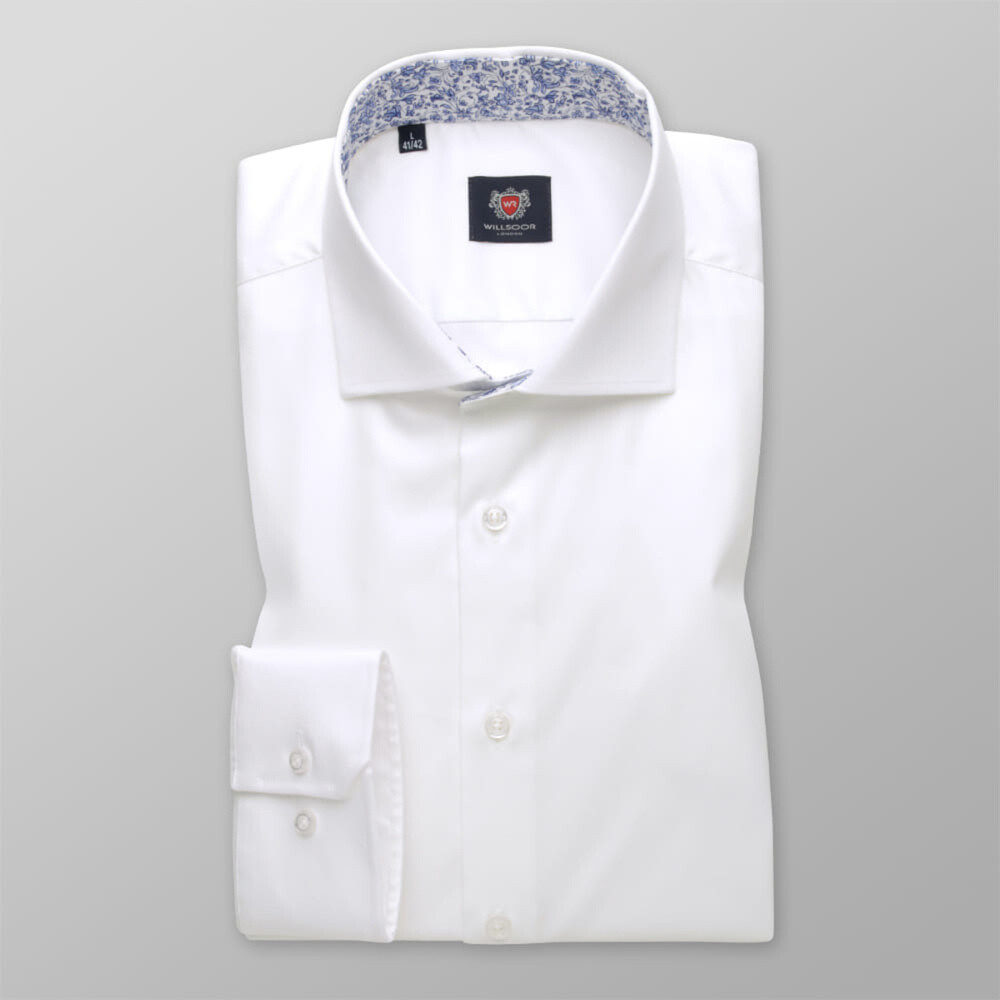 Pánska košeľa slim fit bielej farby s kvetinovou potlačou pod golierom 14111