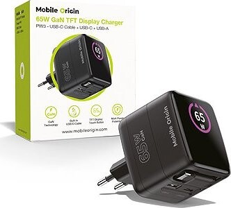 Mobile Origin 65 W GaN Display Charger PW3 – USB-C Cable + USB-C + USB-A