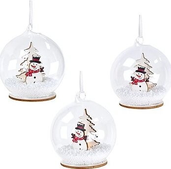 Dommio Průhledná baňka se sněhulákem a s LED osvětlením, průměr 8 cm, set 3 ks