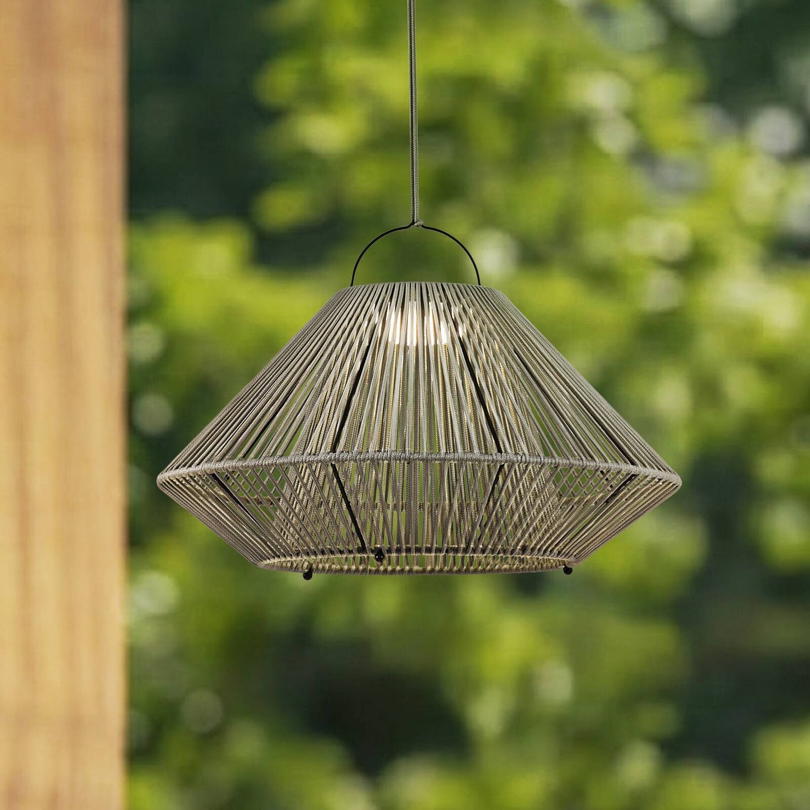 Lindby LED solárna závesná lampa Austas, sivá, Ø 50 cm, USB, IP54