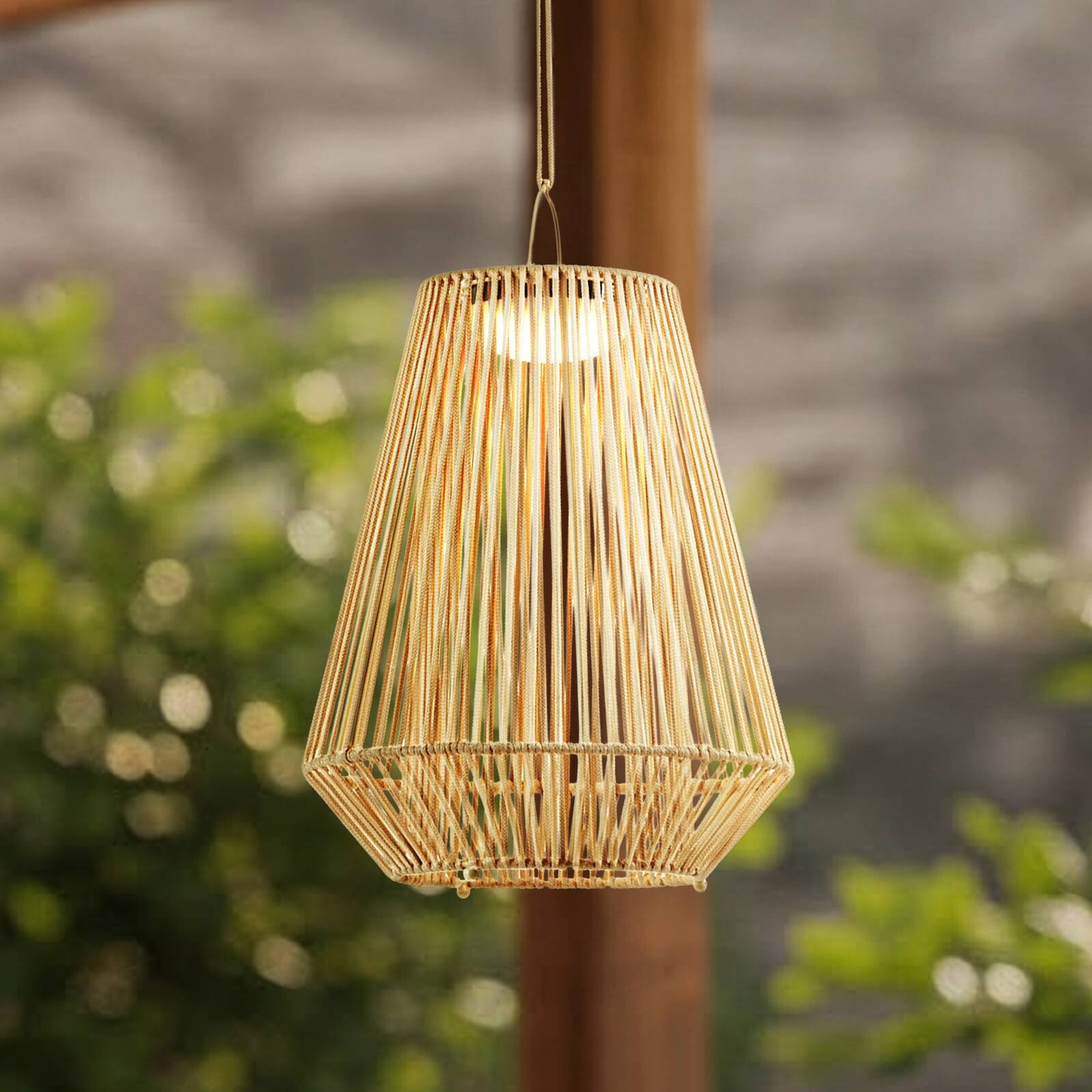 Lindby LED solárna závesná lampa Austas, béžová, Ø 32 cm, USB, IP54