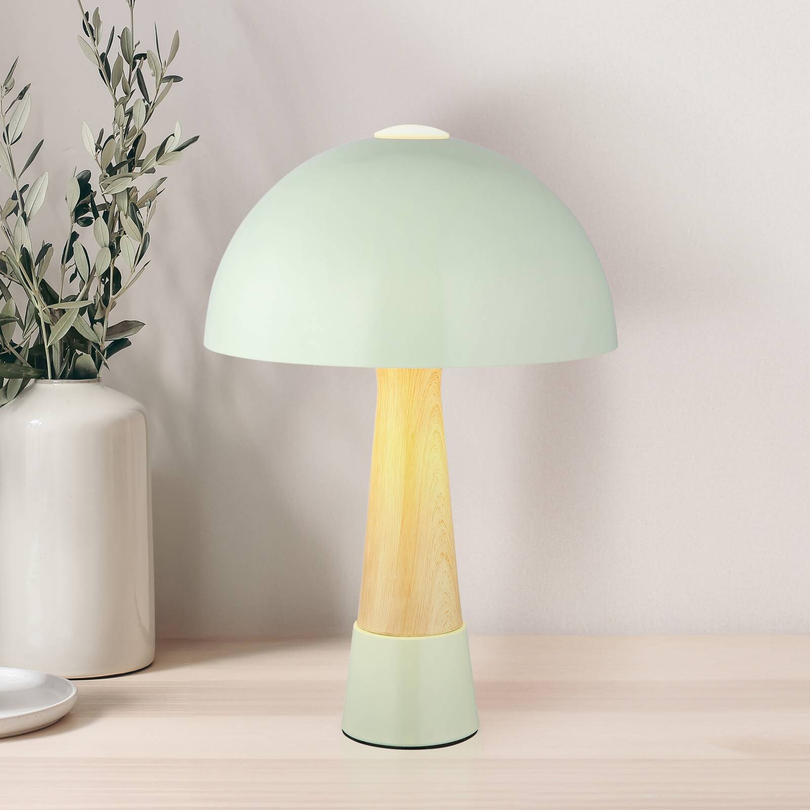 Stolová lampa Paulin, matná zelená/drevený vzhľad, kov, výška 36,5 cm