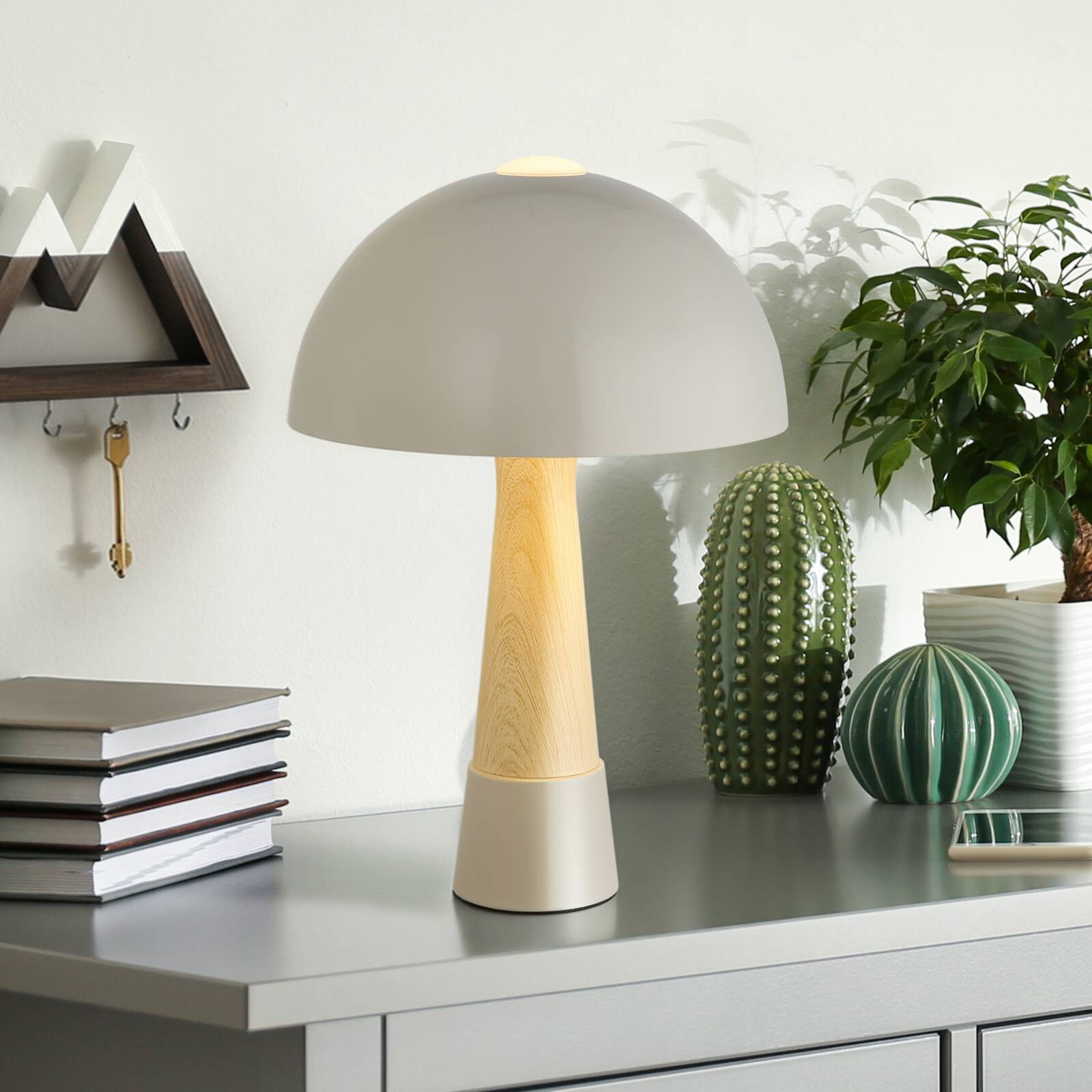 Stolová lampa Paulin, sivá matná/drevený vzhľad, kov, výška 36,5 cm