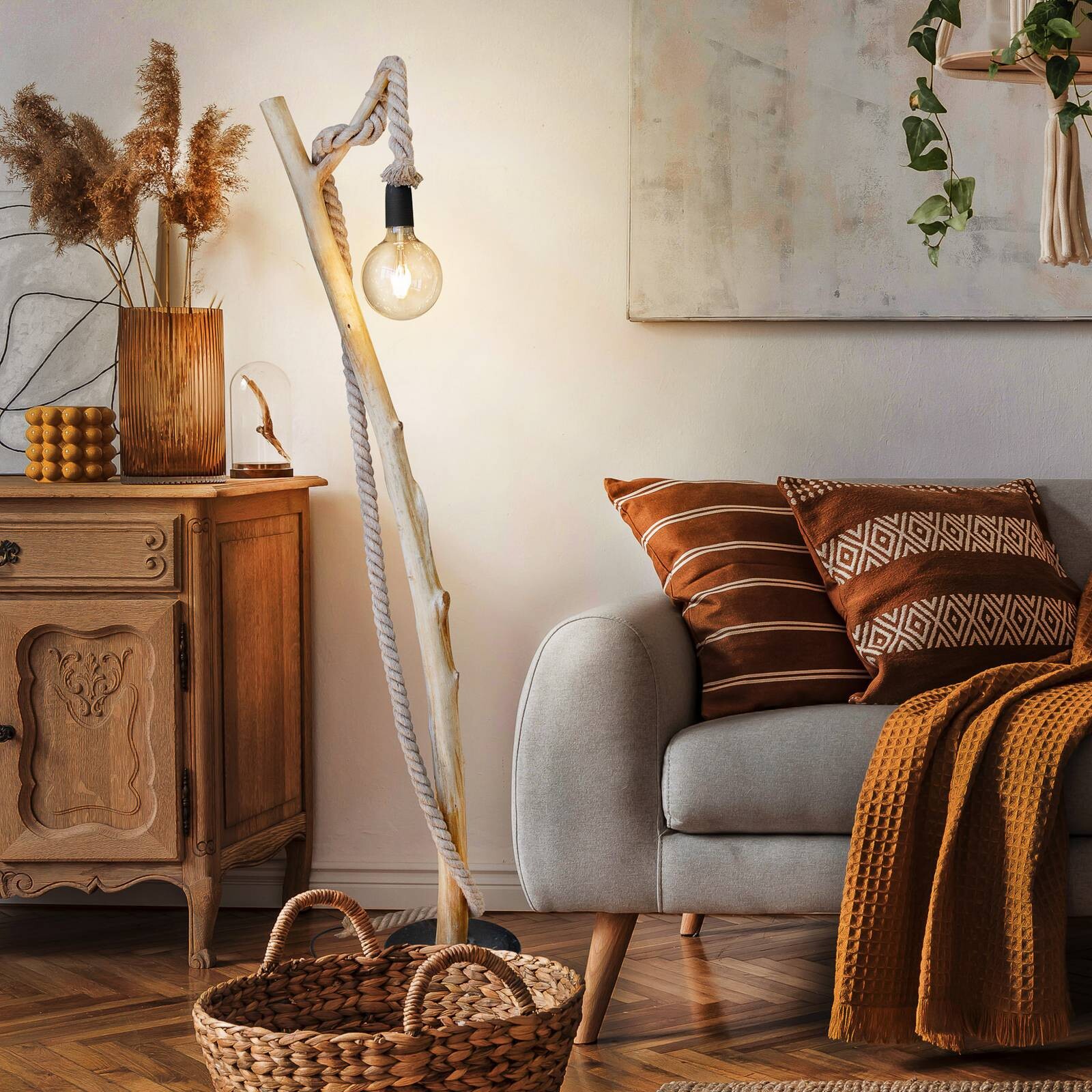 Stojacia lampa Nerida, svetlo hnedé, drevo/konope, výška 150 cm