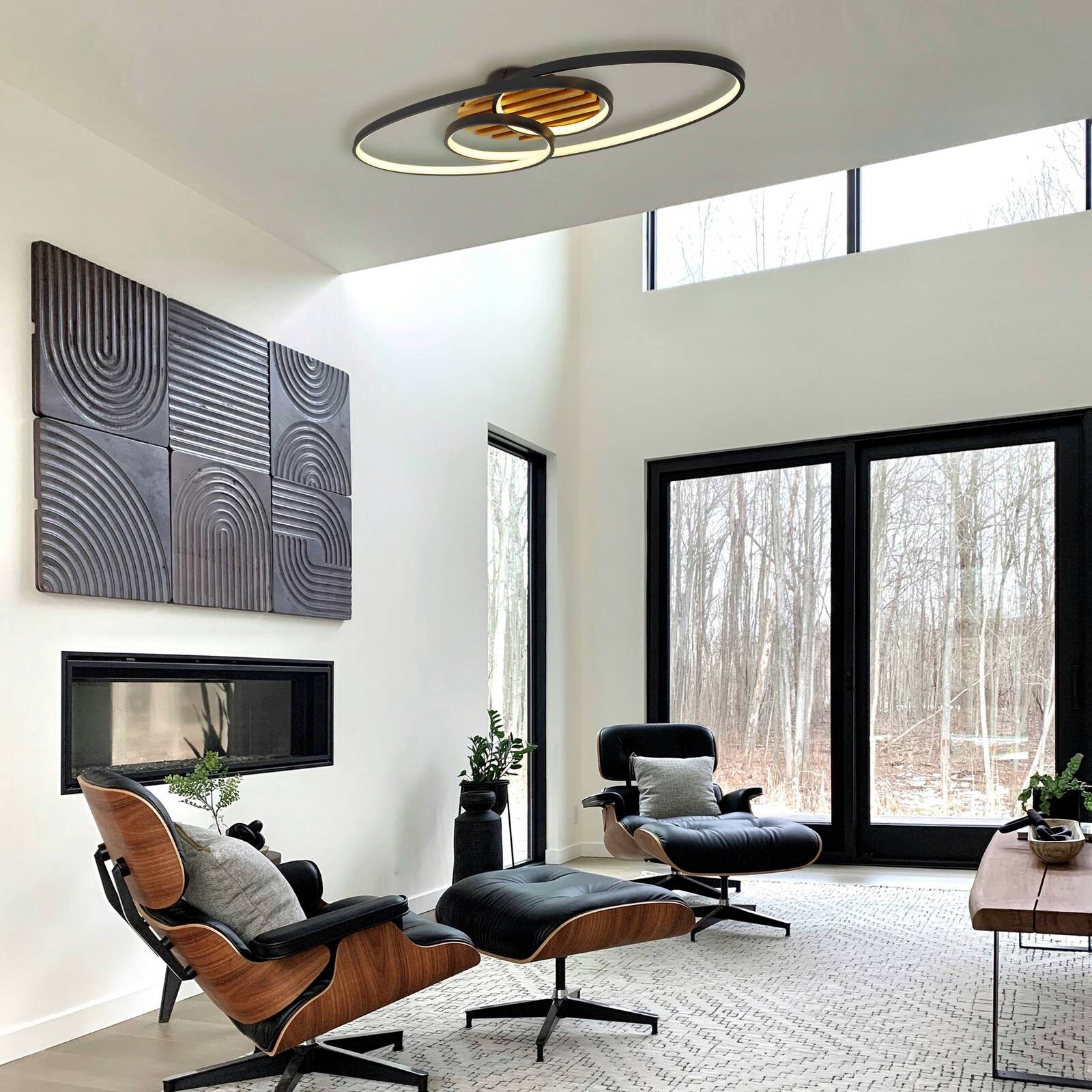 stropné LED svetlo Tisha I, čierna matná/drevo, dĺžka 85 cm