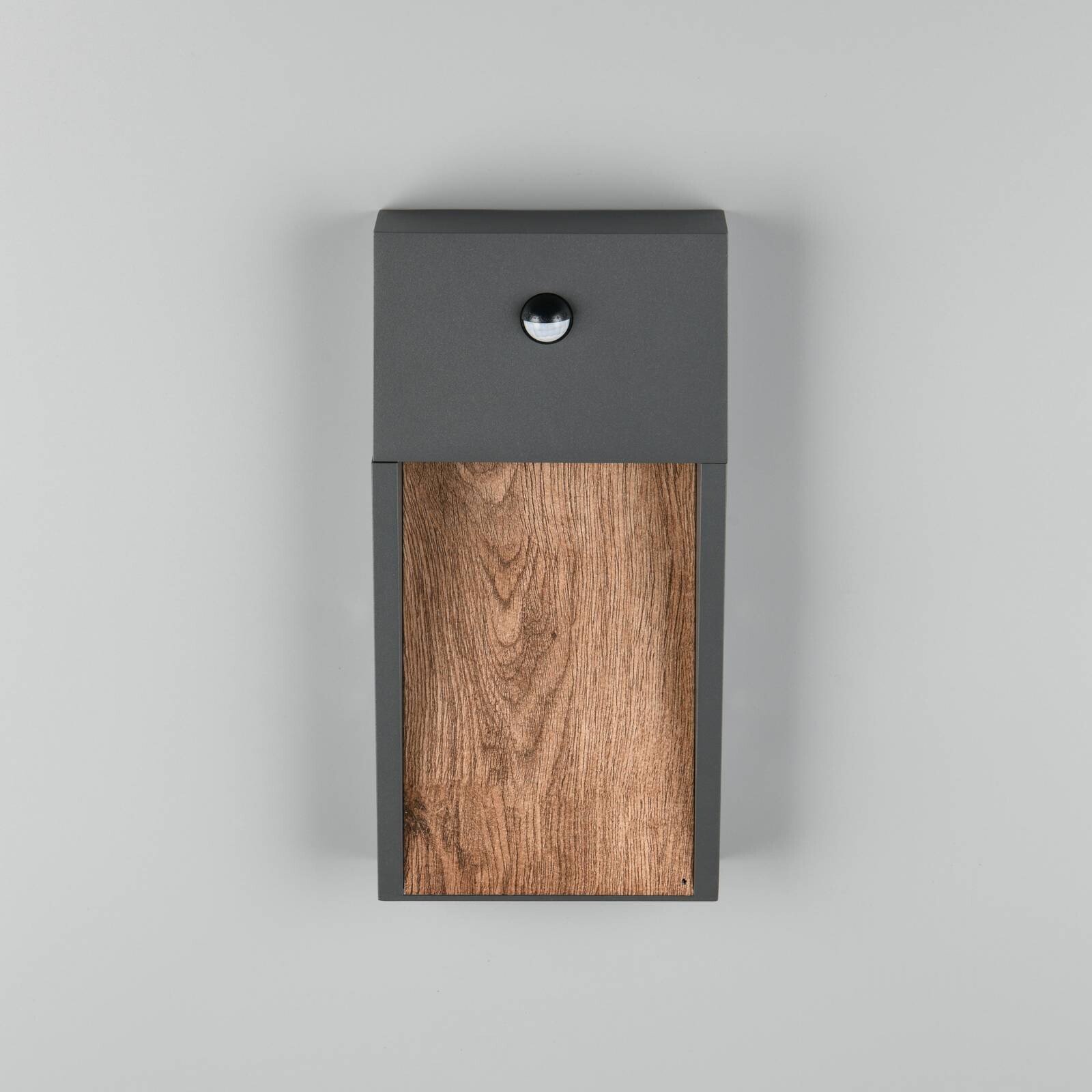 LED senzorové vonkajšie nástenné svietidlo SALMON, drevený vzhľad, výška 33 cm