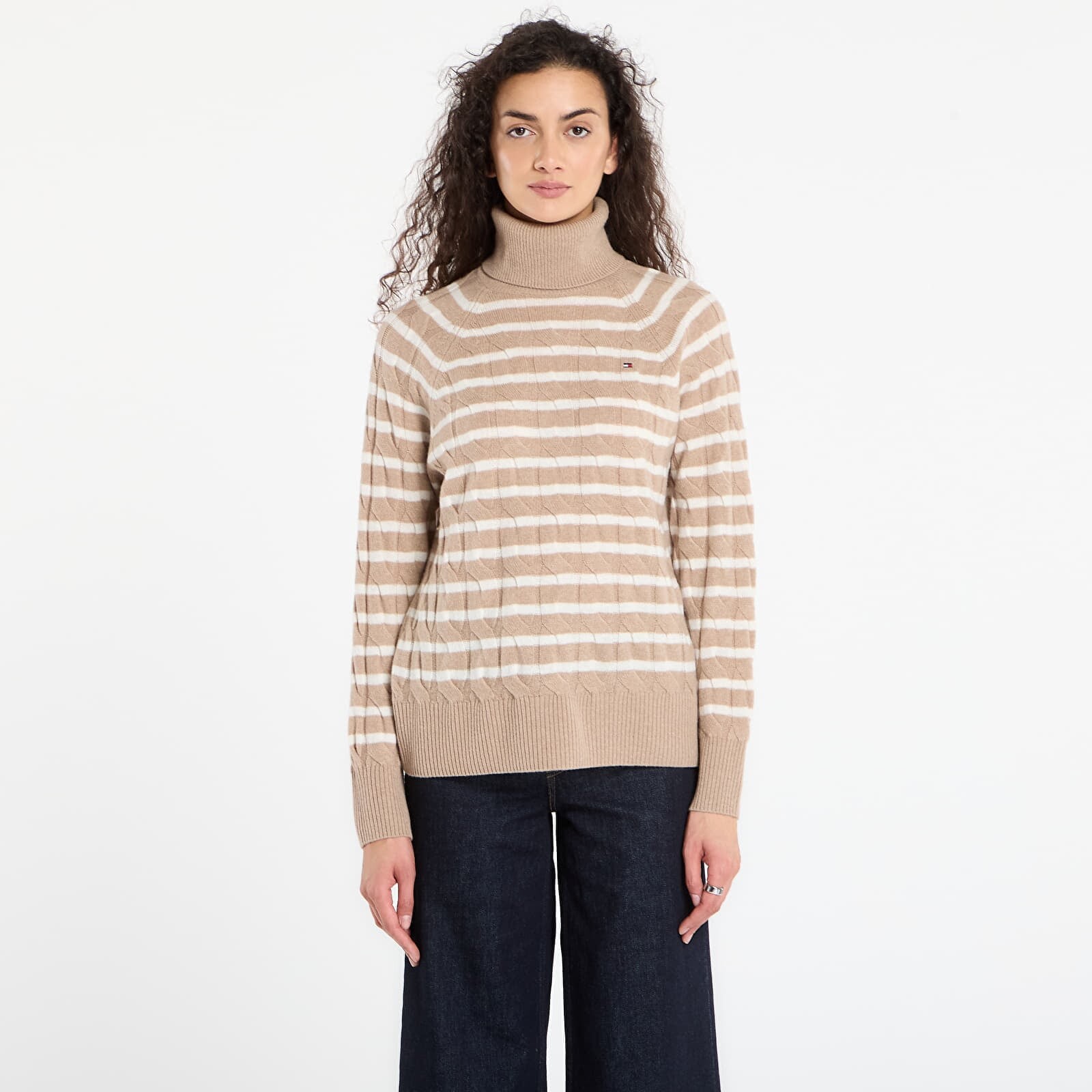 Sveter Tommy Hilfiger Soft Wool Cable Roll-Neck Ls Sweater Safari Canvas Heather/ Ivory Petal Stp XS