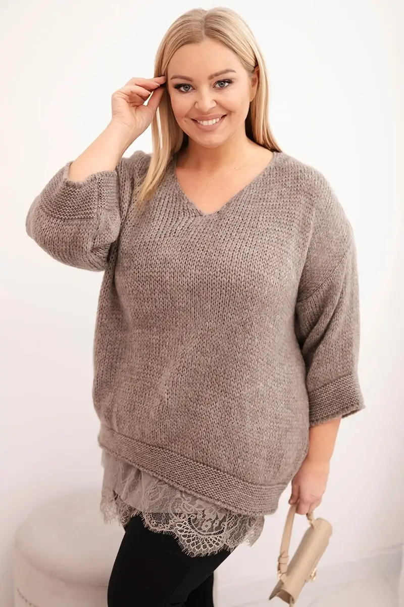 Kesi Włoski Dámsky komplet sveter s výstrihom do V a viskózová blúzka s čipkovým spodkom fango