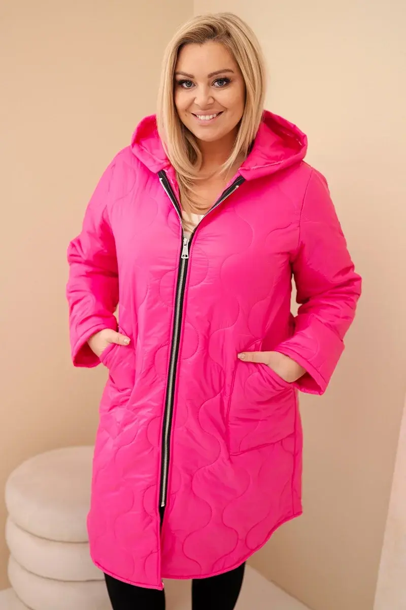 Kesi Włoski Dámska zimná prešívaná bunda Plus Size s kapucňou ružová neon