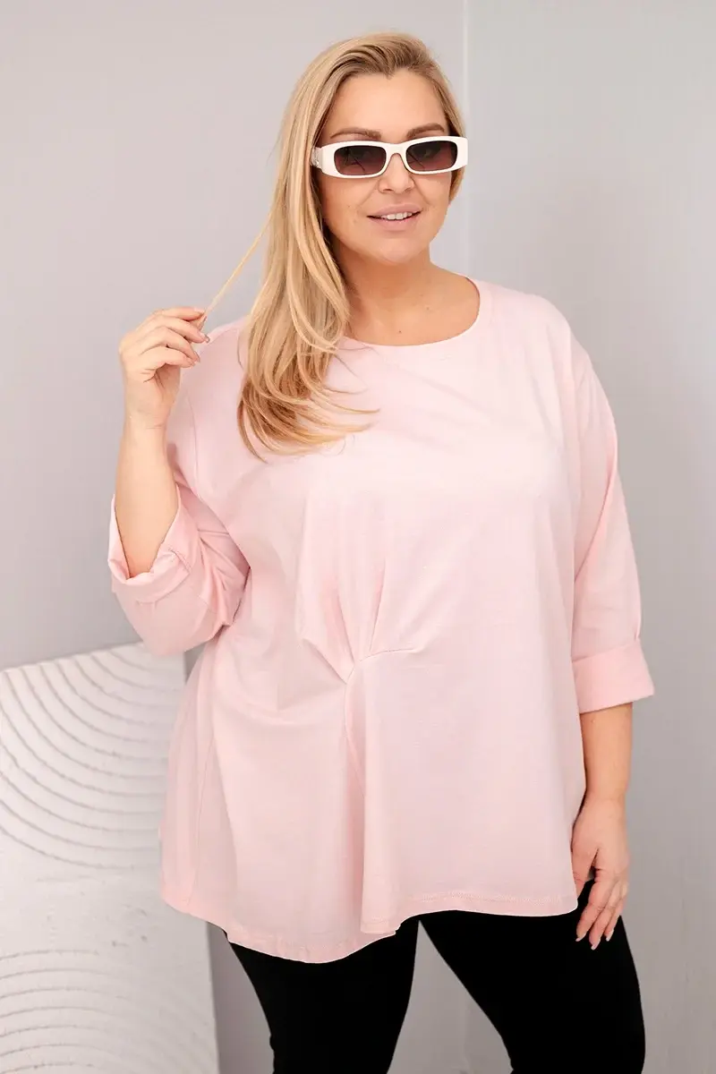 Kesi Włoski Dámska blúzka plus size s bavlnou s dlhým rukávom a nariasením pudrová ružová
