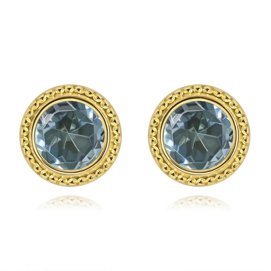 Zlaté náušnice 9K so syntetickým akvamarínom v ozdobnom leme