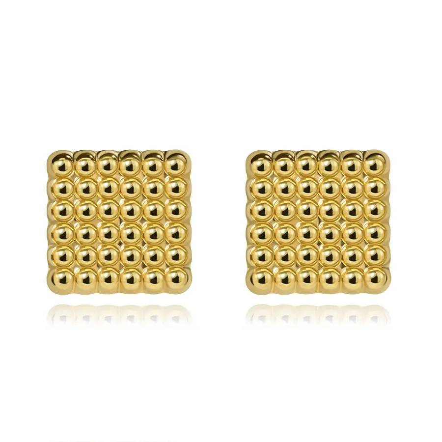 Štvorcové náušnice zo žltého 9K zlata s guľôčkovou štruktúrou