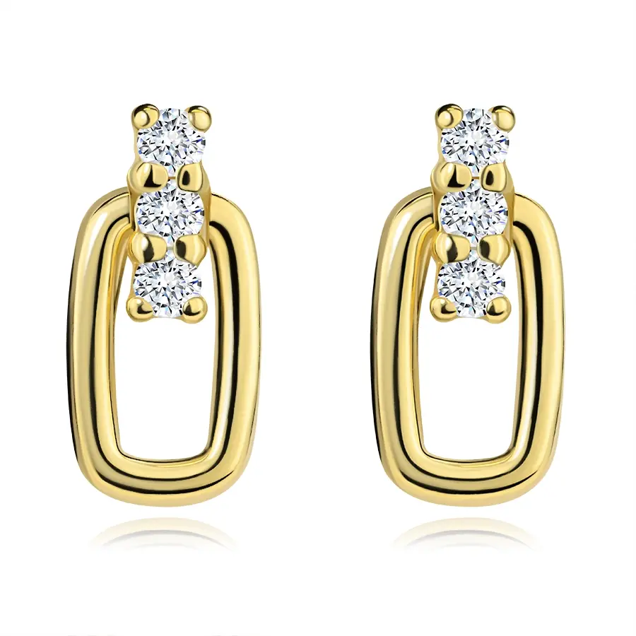 Zlaté náušnice 9K so zirkónmi v línii a podlhovastým očkom