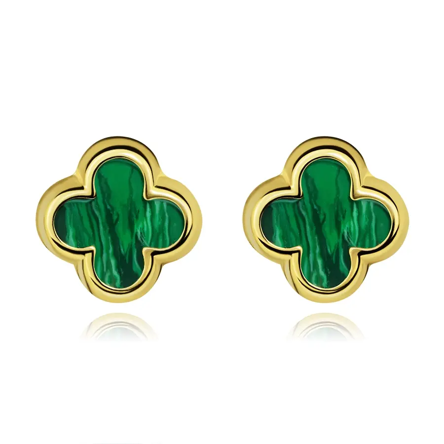 Zlaté náušnice 14K hladký štvorlístok s imitáciou malachitu