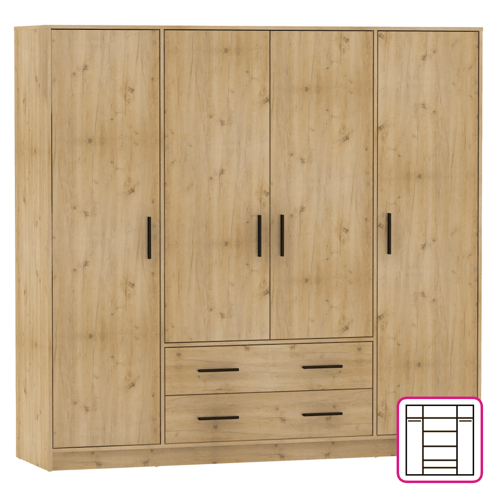 Šatníková skriňa, štvordverová, dub artisan, BENA 1