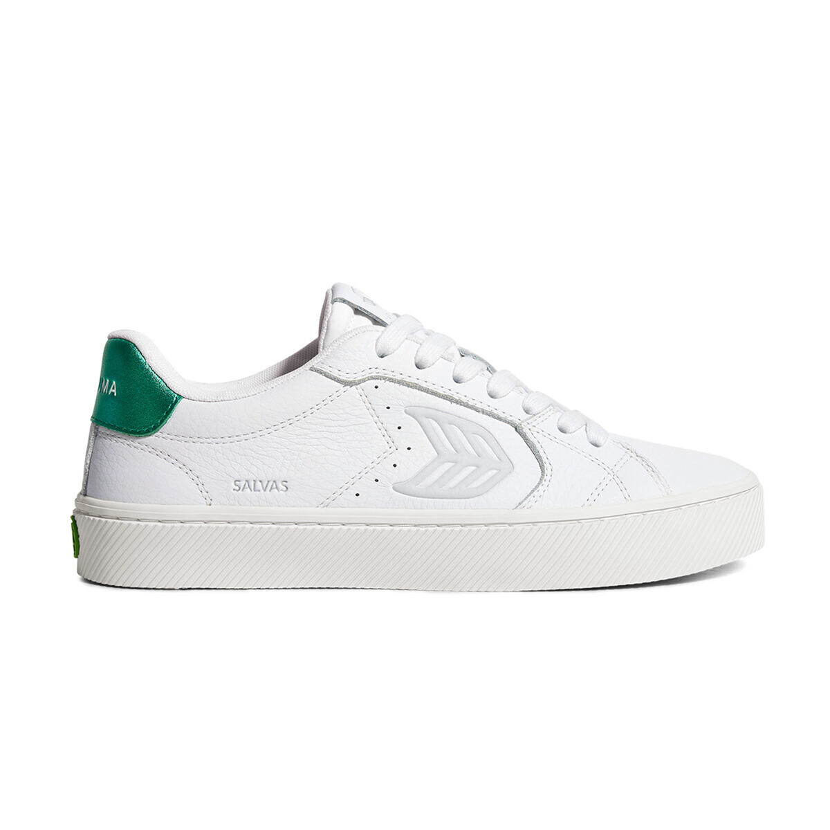 Pánské volnočasové boty Cariuma SALVAS White Premium Leather Ice Logo Metallic Green Sneaker