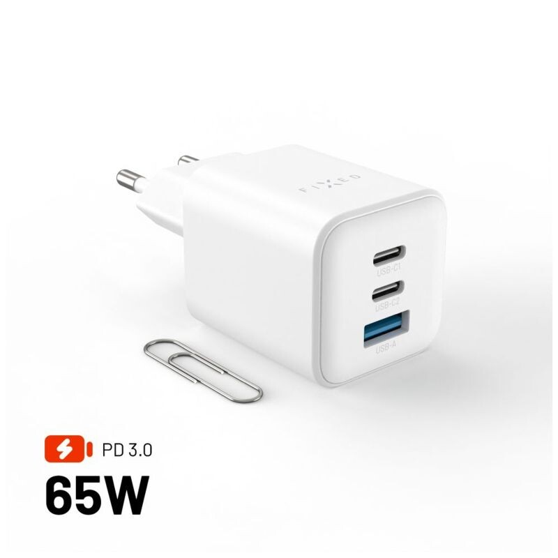 FIXED GaN Mini Sieťová nabíjačka s 2xUSB-C a USB výstupom a podporou PD, 65W, biela FIXCG65M-2C1A-WH
