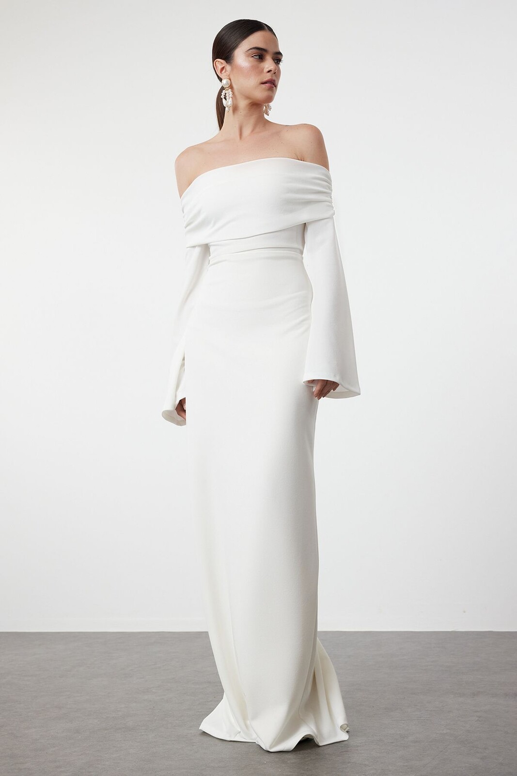 Trendyol White Carmen Collar Knitted Long Elegant Evening Dress