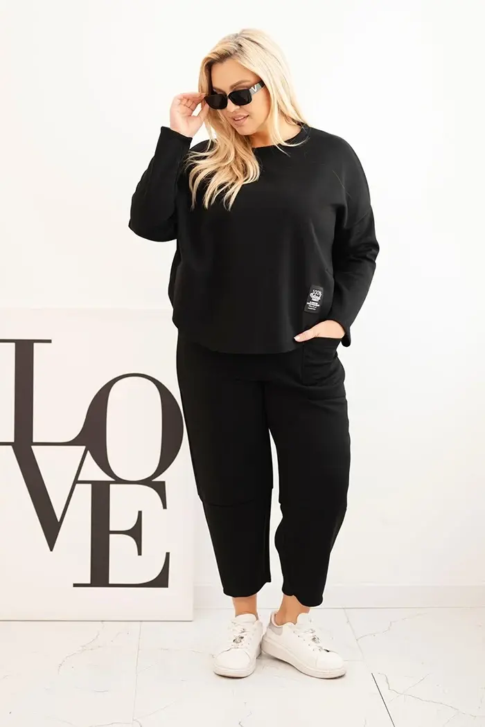 Kesi Włoski Dámsky komplet Plus Size maslo mikina a nohavice s vreckami čierny