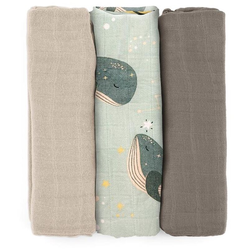 Petite&Mars Moussy látkové plienky Whale Song 68 x 68 cm 3 ks