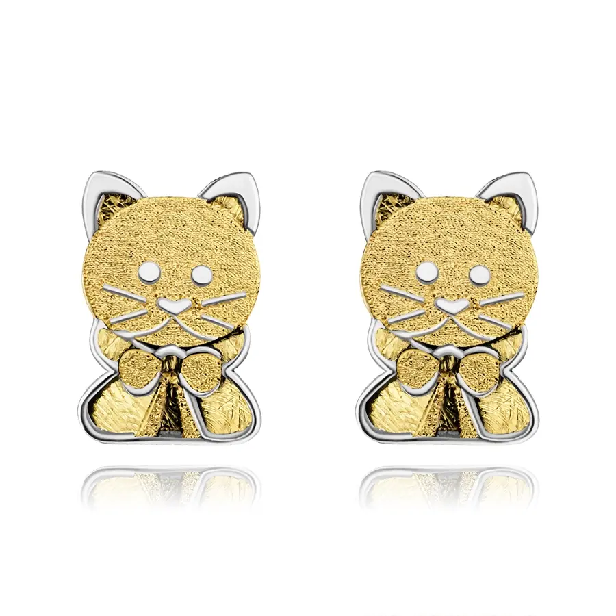 Zlaté náušnice 14K dvojfarebná mačka s mašľou