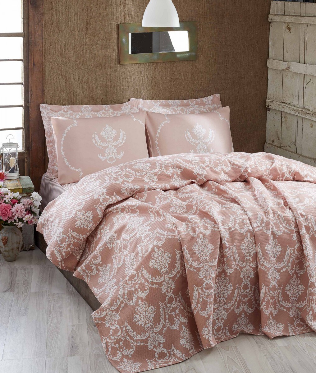 Bavlněný pique přehoz Pure 200x235 cm bílý/pudrově růžový