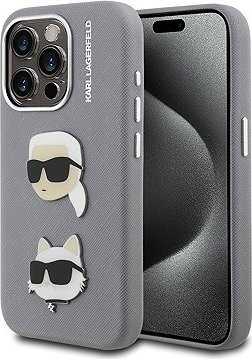 Karl Lagerfeld Grained PU K&CH Heads Zadný Kryt pre iPhone 15 Pre Max Grey