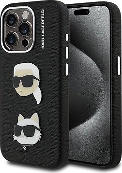 Karl Lagerfeld Grained PU K&CH Heads Zadný Kryt pre iPhone 15 Pre Max Black