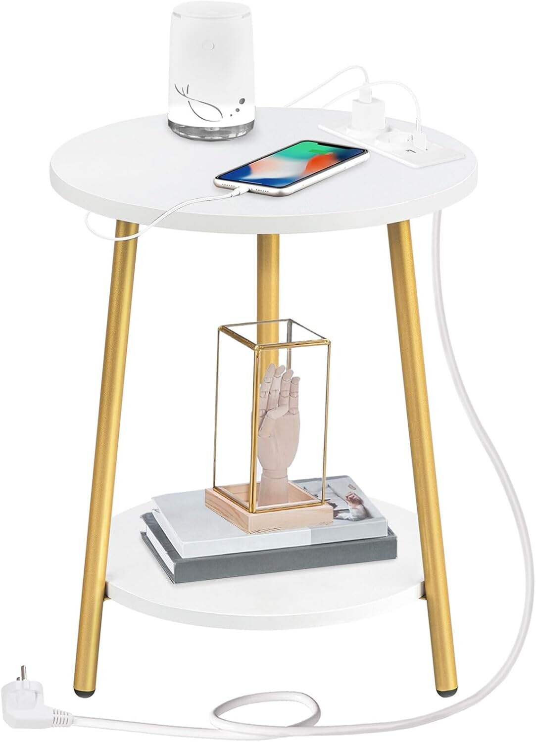 Kulatý odkládací stolek Vasagle Luretta 40 cm s nabíjecí stanicí bílý/zlatý