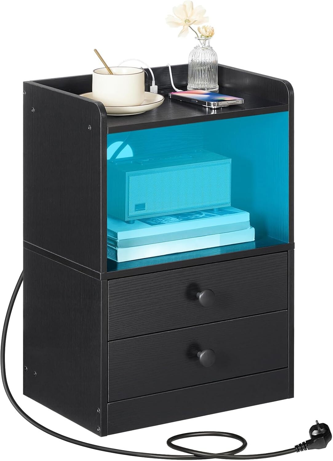 Noční stolek Silven 38 cm s LED osvětlením a nabíjecí stanicí černý