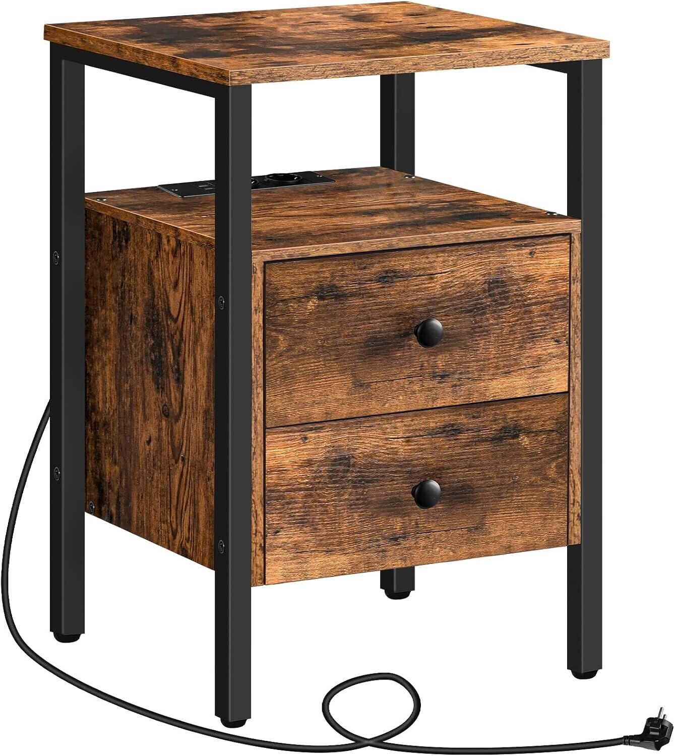 Noční stolek Vasagle Jungo 40 cm s nabíjecí stanicí hnědý/černý